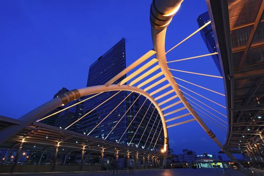 pubic skywalk at bangkok downtown square night in business zone 