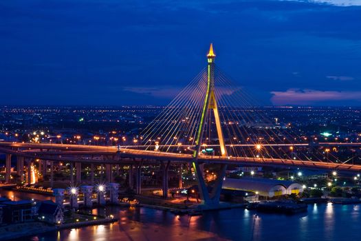 Bhumibol Bridge in Thailand, also known as the Industrial Ring  Bridge or Mega Bridge, in Thailand. The bridge crosses the Chao Phraya River twice.