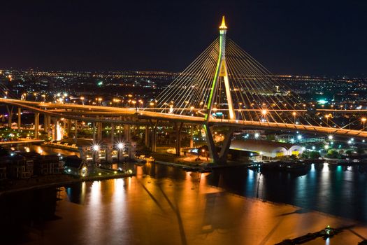 Thai Mega Sling Bridge in Thailand. The bridge crosses the Chao Phraya River twice.