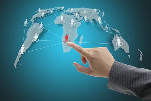 Business Hand Touch on Social Network Concept with World Map