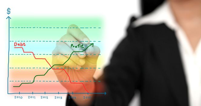 Asian business woman drawing business profit graph and debt