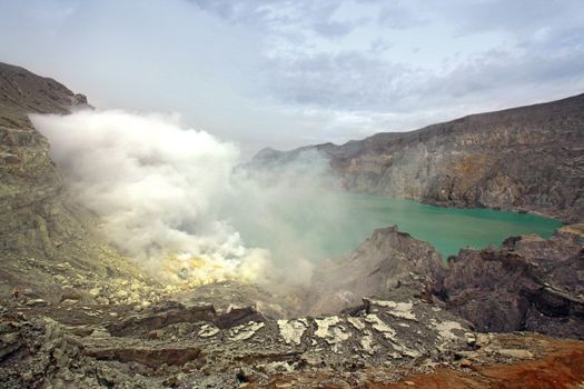Crater of volcano Khava Ijen, Sulfur mine in Java Island Indonesia.