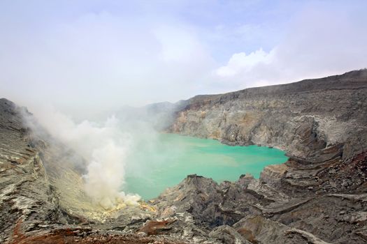 Crater of volcano Khava Ijen, Sulfur mine in Java Island Indonesia.