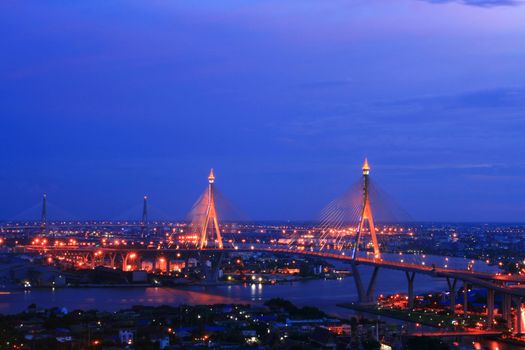 Bhumibol Bridge in Thailand, also known as the Industrial Ring  Bridge or Mega Bridge, in Thailand. The bridge crosses the Chao Phraya River twice.