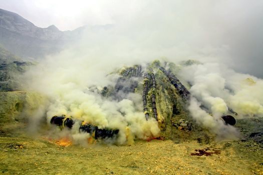 Landscape of Sulfur Mine at Khawa Ijen Volcano Crater Java Island Indonesia