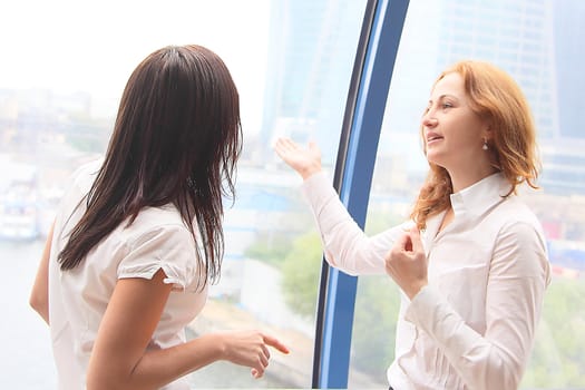 Two business women discuss the project
