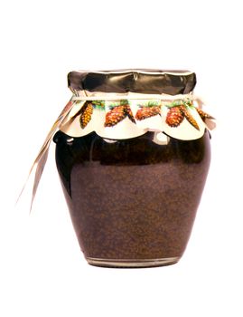 Ecologic jam in beautiful clay pot with paper lid. Healthy food for winter time.