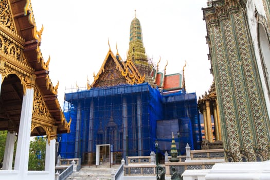 The temple Wat phra kaeo in the Grand palace area, one of the major tourism attraction in Bangkok, Thailand