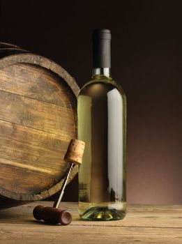 white wine bottle, woodden barrel, and corkscrew 