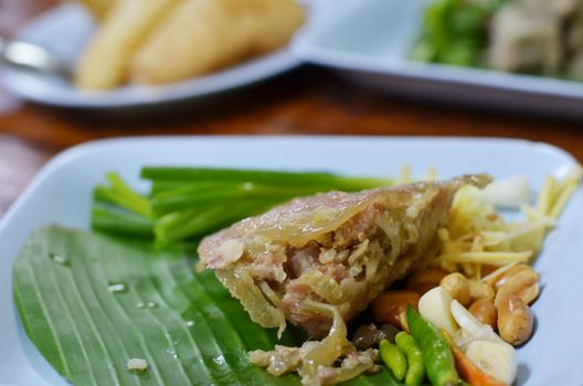 Thai northeastern style food which mixed pork rice garlic sugar and salt
