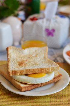 breakfast , fried egg sandwich on buttered toast
