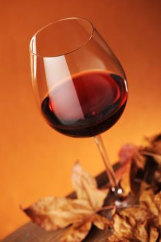 glass of red wine with dry leaves, shallow dof