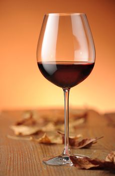 glass of red wine on a shelf in wood, with dry leaves