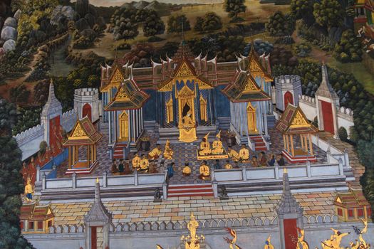 The temple Wat phra kaeo in the Grand palace area, one of the major tourism attraction in Bangkok, Thailand