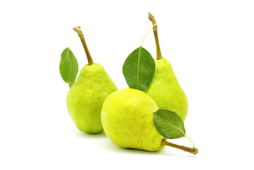 ripe fresh green pear with leaf isolated on white