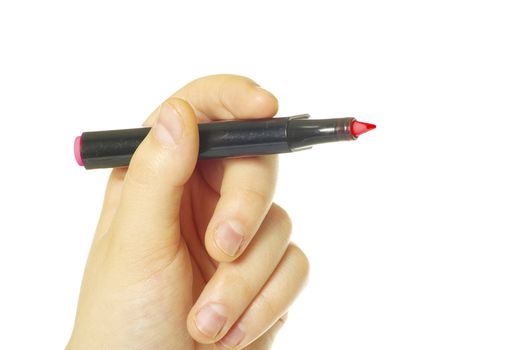 Hand with marker isolated on white background
