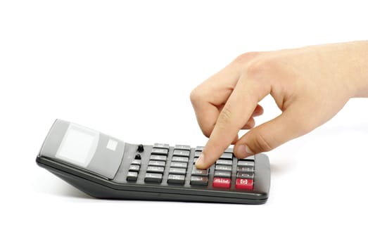 calculator with hand isolated on white