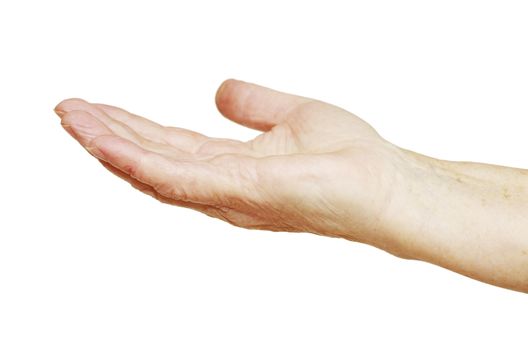 A hand begging alms on a white background