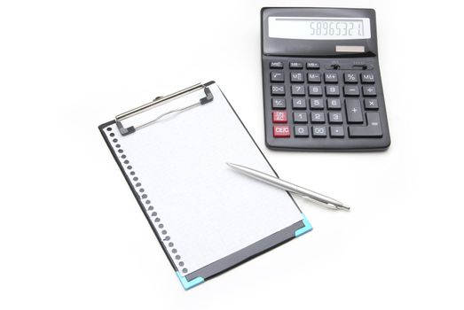 calculator and pen on a white background