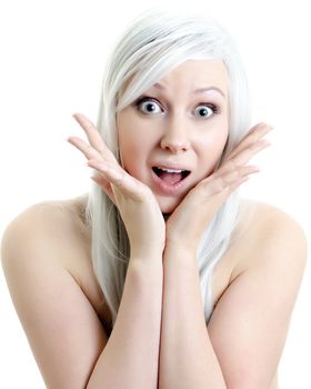 closeup portrait of surprised attractive girl isolated on white background