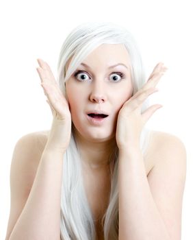 closeup portrait of shocked attractive girl isolated on white background