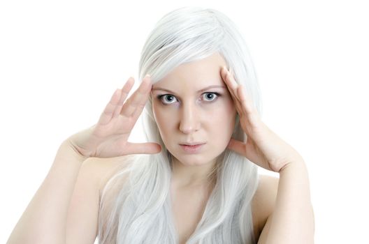 closeup portrait of pretty girl with hands touching the face isolated on white
