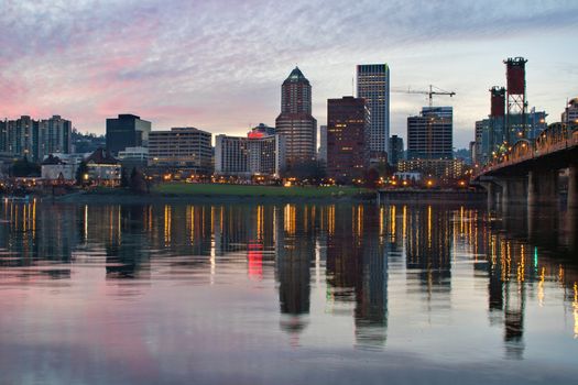 Portland Oregon Downtown Waterfront Skyline and Historic Hawthorne Bridge at Sunset