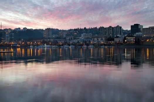 Sunset Over Marina Harbor at Portland Oregon Waterfront Skyline and Reflection on Willamette River