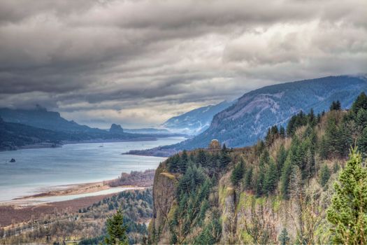 Columbia River Gorge Scenic View with Crown Point and Beacon Rock from Oregon Viewpoint