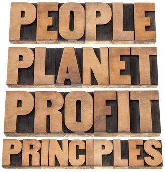 people, planet, profit, principles - sustainable business concept - isolated text in letterpress wood type printing blocks