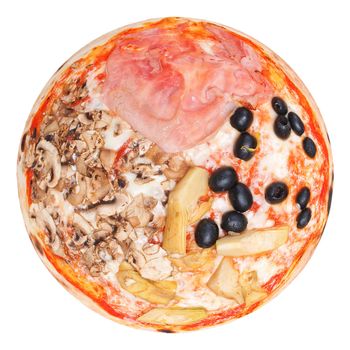 Italian Four Seasons Pizza (Pizza Quattro Stagioni) - isolated over a white background