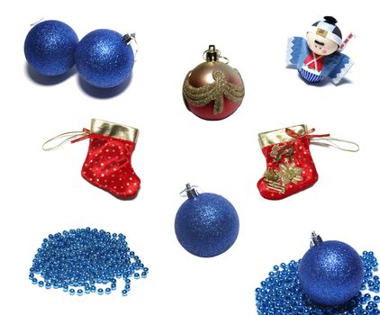 Set of christmas balls, ornaments and red holiday stockings. Isolated on white background.