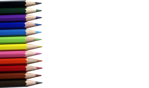 Many color pencils for drawing. Isolated on white background.