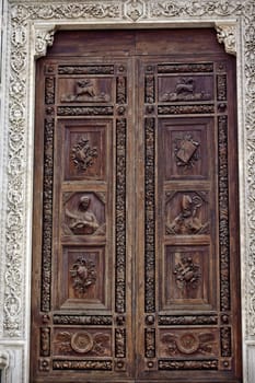 Carved Wooden Door Basilica of Santa Croce Cathedral Church Mary Lamb Cross Pope Images Florence Italy