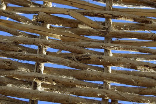 Abstract wooden background. Sky is behind.