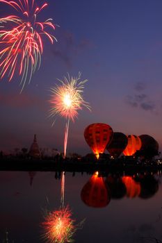 The fireworks show in the night at  International Balloon Festiva, Thailand.