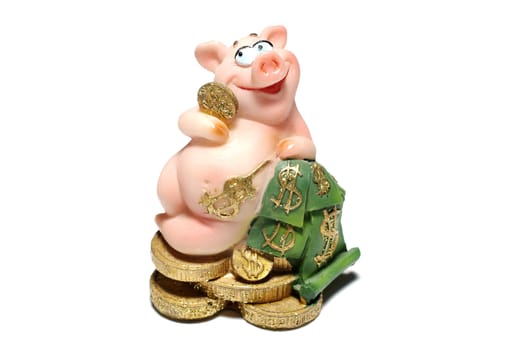 Ceramic piggy with money isolated on white background.