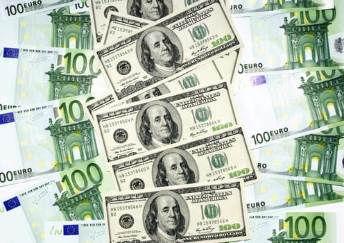 Euro and dollar banknotes. Financial concept.