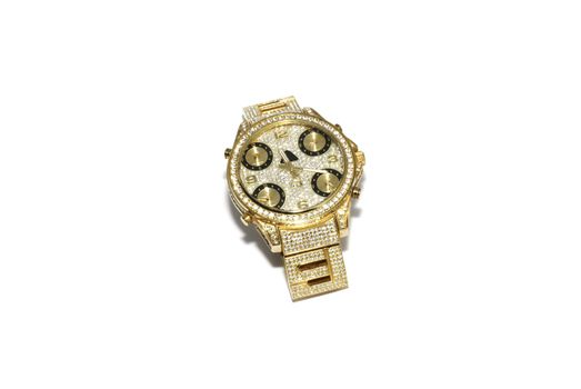 Golden glamour female wrist watch isolated on white background.