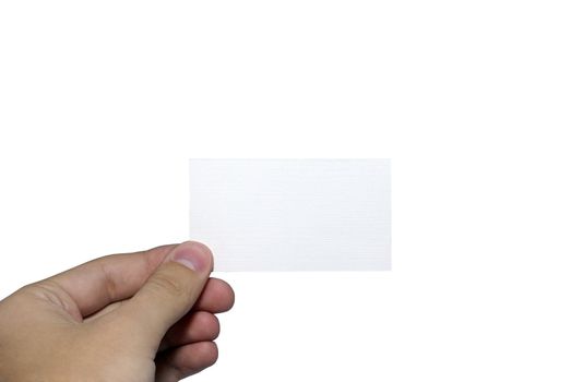 Human hand holding card with empty space for any design. Isolated on white background.
