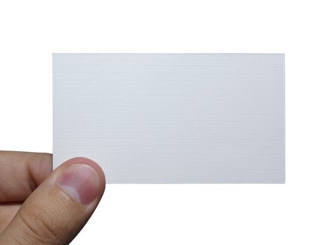 Fingers holding an empty white card isolated on white background.