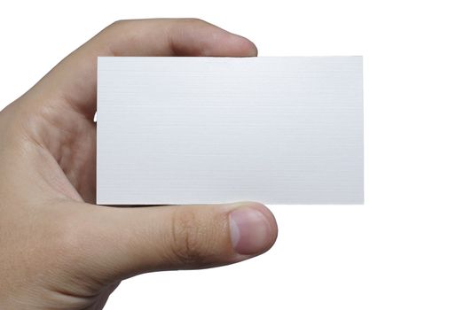 Hand with white textured card for your text isolated on white background.