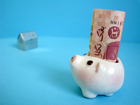a piggy bank with a blur house shape background, metaphors for banking, finance