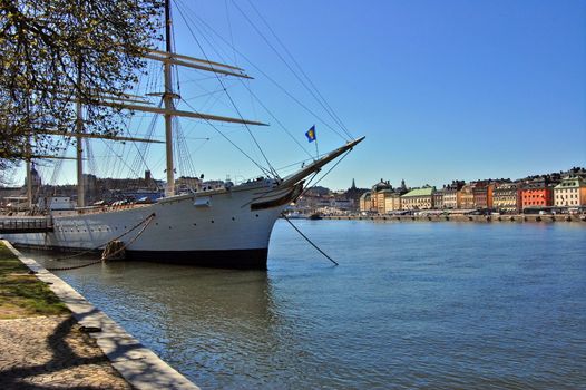 The full-rigged vessel af Chapman docked at Skeppsholmen in Stockholm,Sweden.