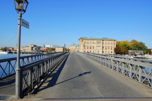 The old style bridge connecting skeppsholmen in Stockholm with the rest of the city.