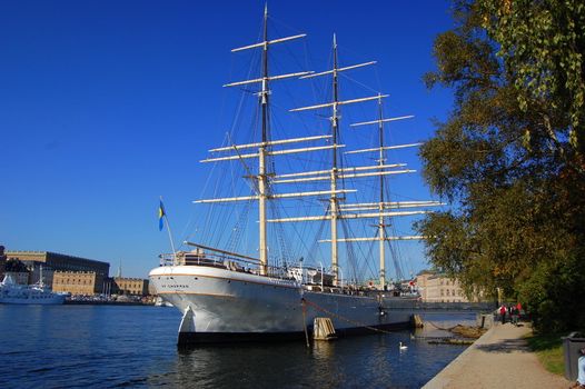 The rear end of the tall ship af Chapman in Stockholm. The ship is used as a youth hostel.