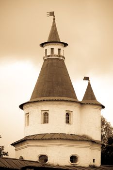 aged photo: tower in monastery New Jerusalem 
