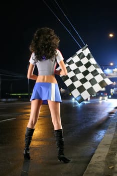 Girl in Blue Skirt and with Plaid Flag, Street racings