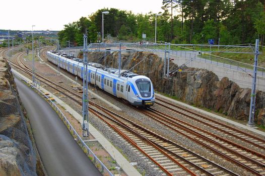 A commuter train heading to Stockholm