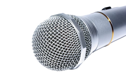 Audio microphone macro isolated on white background.
